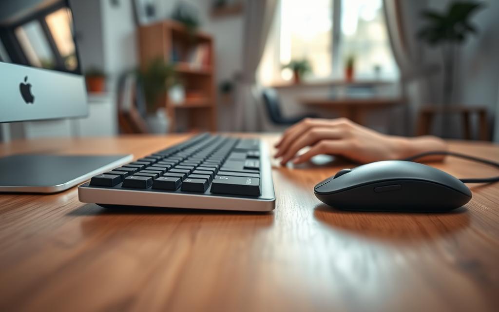 A close-up view of a modern, clean workspace featuring a sleek keyboard and mouse positioned side by side on a tidy wooden desk. The keyboard has a low profile and is designed for ergonomic typing, with straight wrists actively engaged in typing. The mouse is contoured to support the hand comfortably. In the background, a blurred image of a cozy home office is seen with soft, natural lighting streaming in from a nearby window, creating a warm and inviting atmosphere. The scene captures an essence of productivity and comfort, emphasizing the importance of proper posture while working from home. A soft focus on the keyboard and mouse enhances the detail of their surfaces, while a depth of field draws attention to the ergonomic setup.