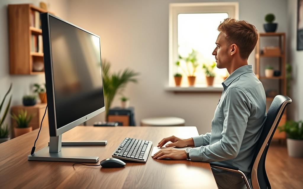 A workspace scene featuring a computer monitor positioned at eye level and approximately an arm's length away, demonstrating ideal ergonomic setup for a home office. In the foreground, highlight a sleek desk with a modern monitor on a stable stand, minimalistic keyboard, and mouse. The middle ground showcases a comfortable office chair, perfectly adjusted to support posture, with a soft cushion visible. In the background, there are warm, natural light streaming through a window, illuminating potted plants and shelves with books. The atmosphere is professional and inviting, with calming colors that promote focus and productivity. The scene should depict a professional individual in smart casual attire, sitting with good posture while working.